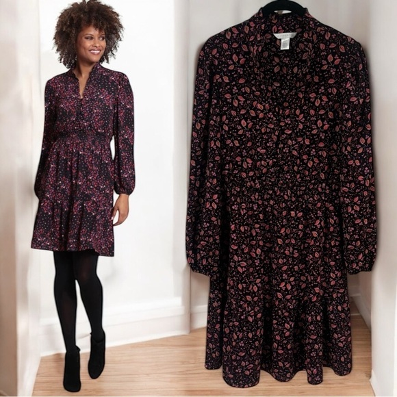 NWOT London Times Pink and Black Floral Collar Tiered Ruffle Dress Size 10 - Picture 1 of 10